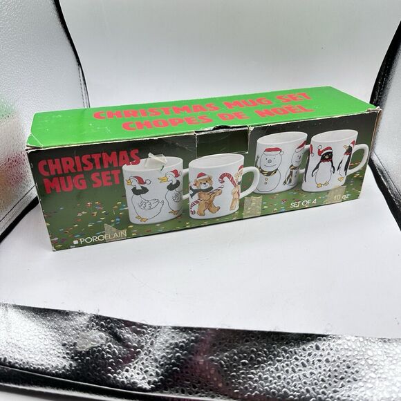 Vintage 1980s X4 Christmas Mugs 10 oz Porcelain Kitschmas In Box Kitsch - Picture 12 of 12